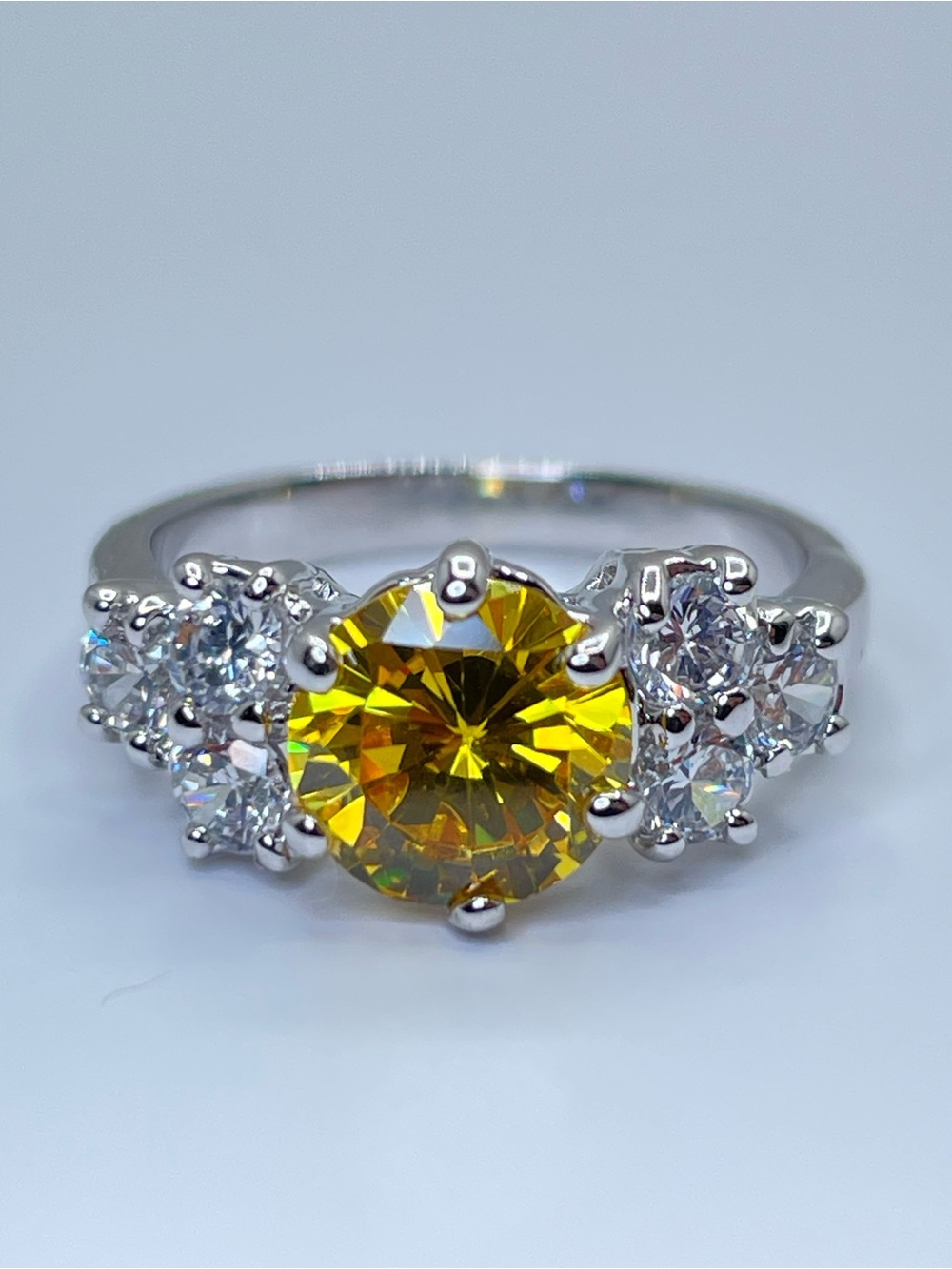 Swarovski Crystal Elements Canary Yellow Crystal Ring Silver Sz 6 Statement Glam